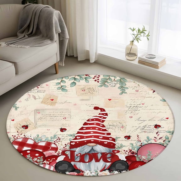Round Area Rugs Collection 3.3 Ft, Valentines Non-Slip Residential Carpet, Pink Red Love Heart Gnomes Eucalyptus Retro Indoor Crawling Mats Doormat Runner Rugs Play Mat for Bedroom