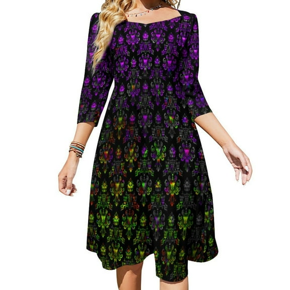 Haunted Mansion Purple And Green Women's 3/4 Sleeve Dresses Elegant A-Line Midi Dress Flare Summer Casual Sundress
