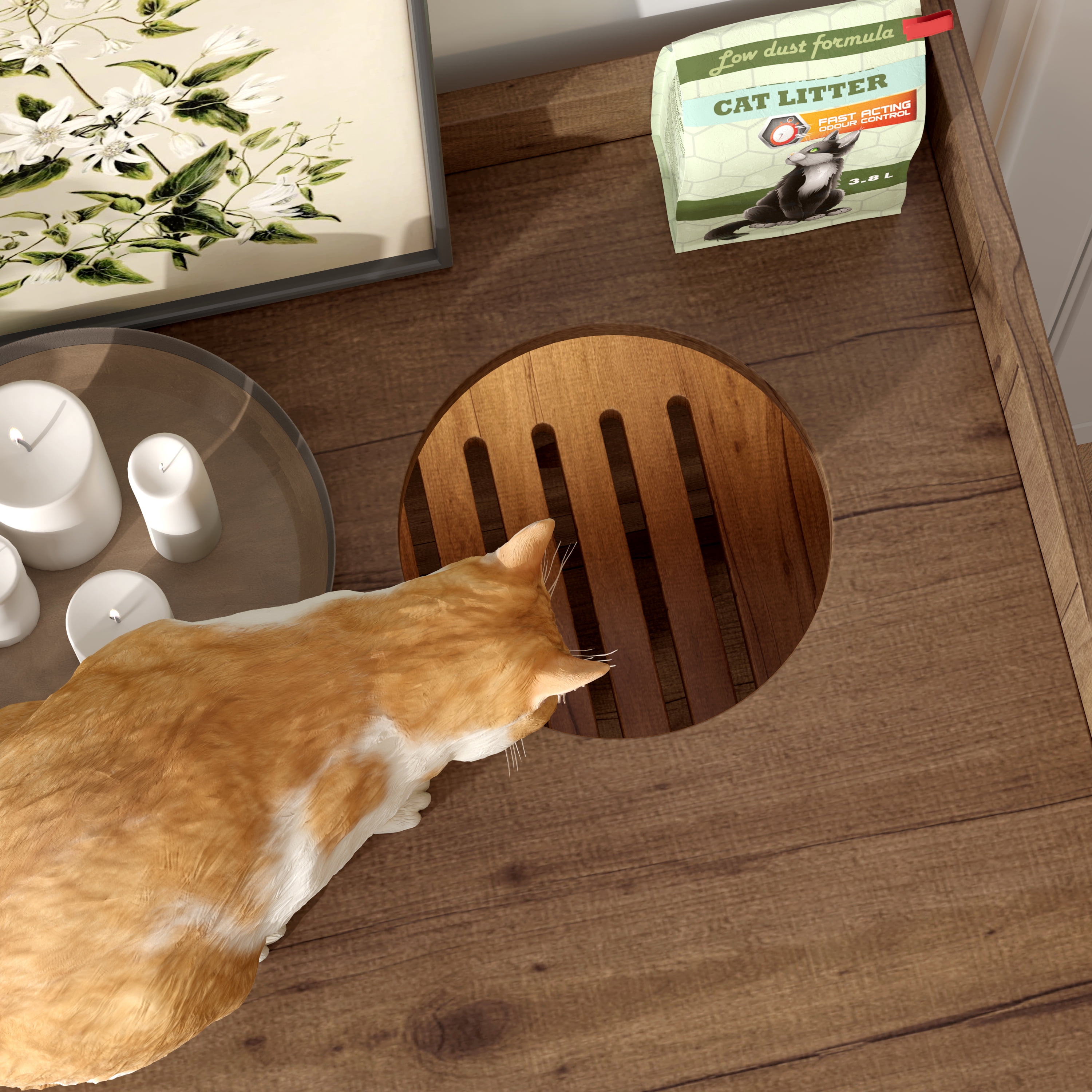 43'' Hidden Cat Litter Box Wooden Furniture Enclosure with Drawer and Stairs Washroom for Bedroom