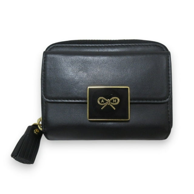 Pre-Owned ANYA HINDMARCH Leather Half Wallet, Bi-fold Compact Black x Gold Hardware,...