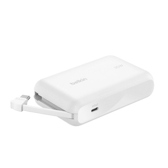 Belkin BoostCharge Portable Charger, Power Bank with 2.2in/5.7cm Integrated Cable 10,000mAh PD 20W - Fast Charge USB-C Power Delivery, White