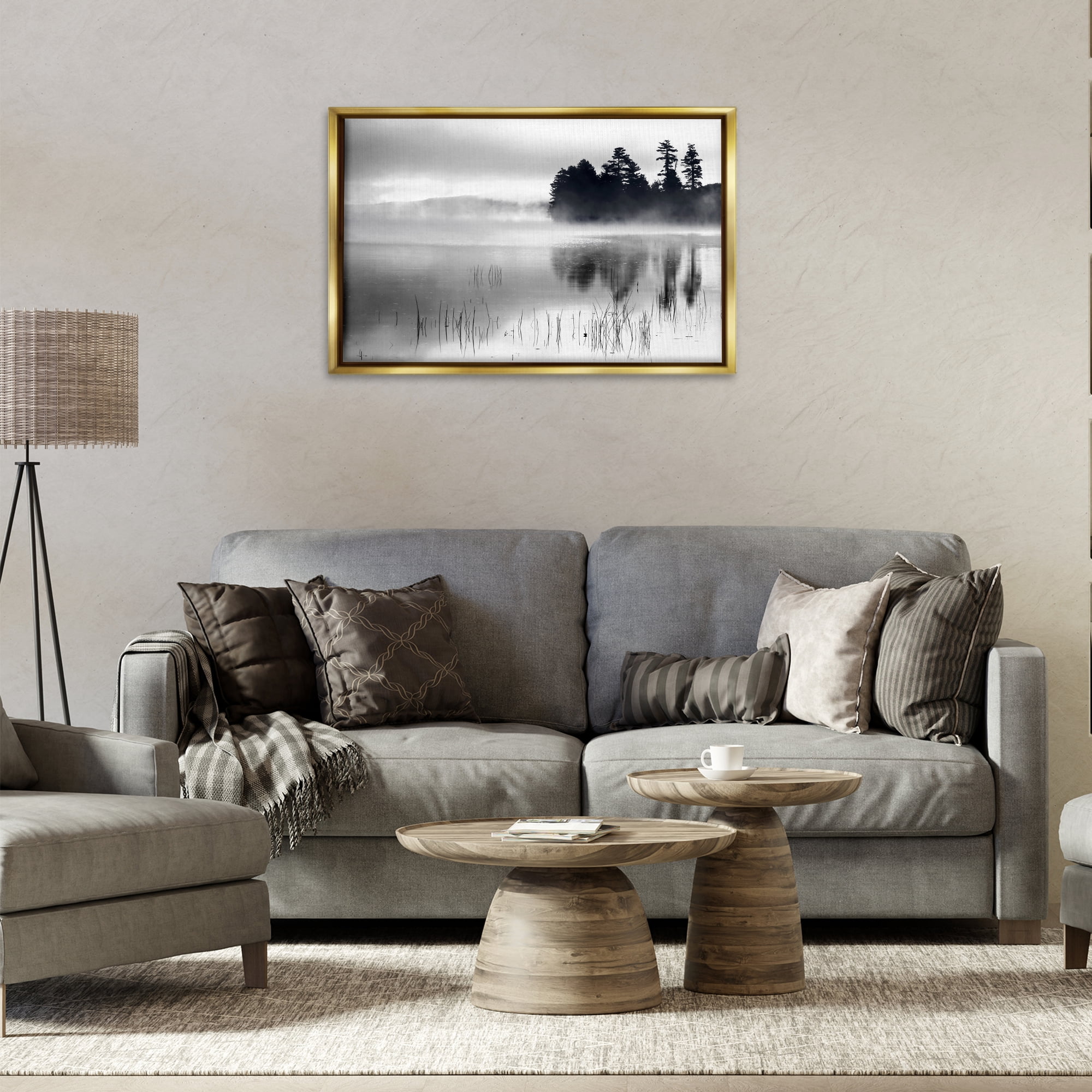 Stupell Industries Serene Lake Reflection Landscape Photography Gold Floater Framed Art Print Wall Art, 31 x 21