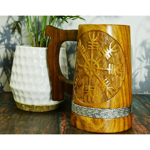 India House Celtic Wooden Beer Mugs, Handmade Groomsmen Beer Mug, Viking Tankard, Man Birthday Gift, Wood Beer Mug - set of-2 mug- 7 inch