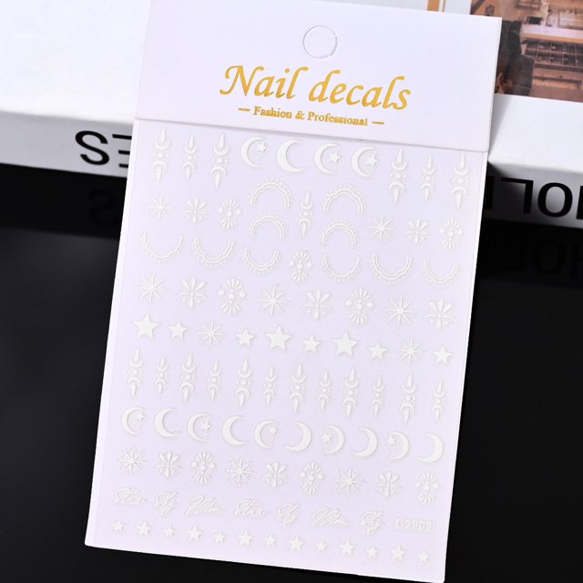 Pegatinas 3D de estrella dorada y plateada para decoración de uñas, calcomanías de luna creciente en blanco y negro, pegatinas deslizantes autoadhesivas para esmalte, decoración de manicura