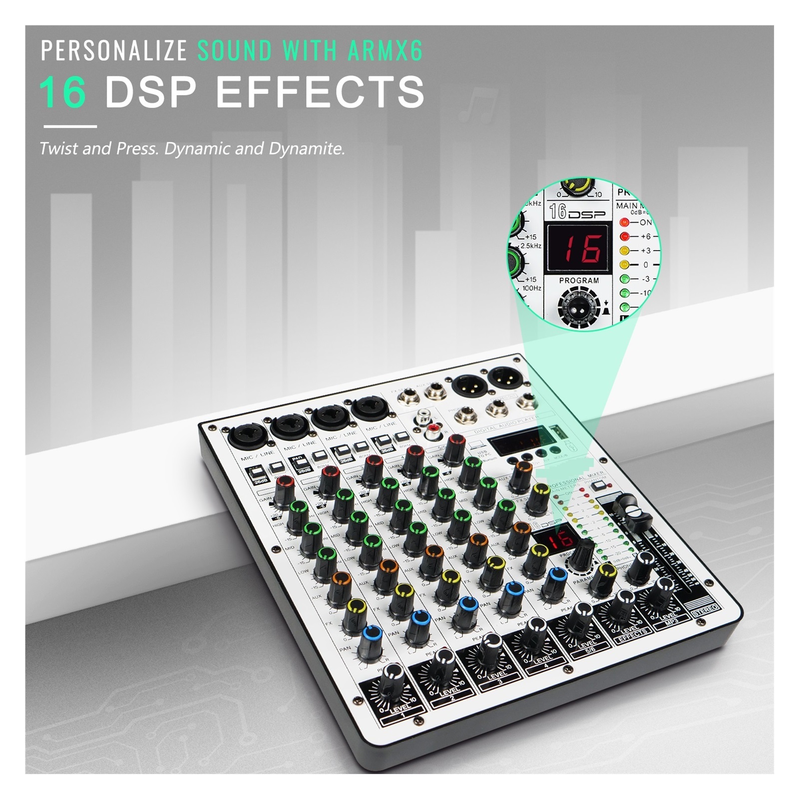 6-Channel Audio Mixer, DJ Mixer With USB Audio Interface, Function, 16 DSP Effects, And 3-Band EQ (ARMX-6) ,Easy to Operate