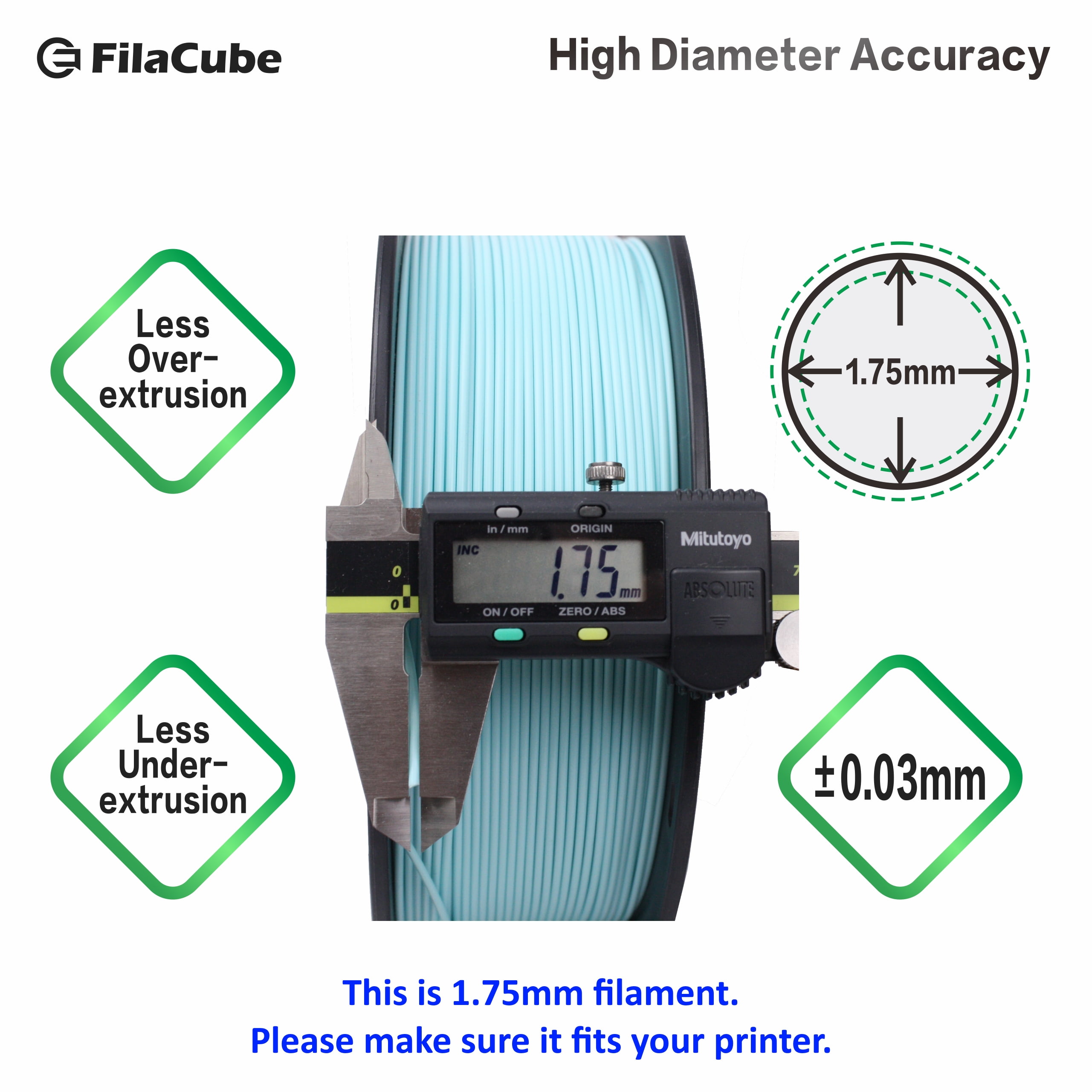 Mint Blue (combination of green, blue and a hint of white, light blue) 1.75mm 1kg FilaCube PLA 2 (PLA 2nd Generation) 3D FDM/FFF Printer Filaments [Made in USA]