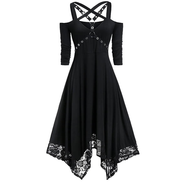 UPPADA Womens Summer Goth Dress Cold Shoulder Midi Dress Black Steampunk Gothic Dress Irregular Lace Dress Halloween Costumes
