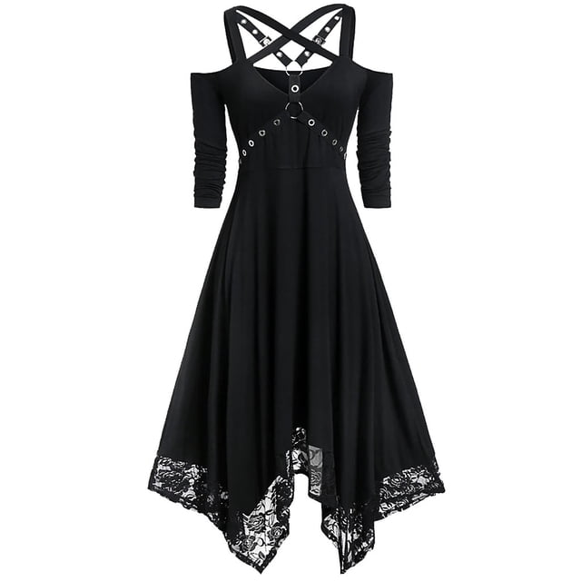 EQWLJWE Chandails à Capuchon pour Femmes, Femmes Halloween Grande Taille Épaules Ouvertes Dentelle Manches Mi-Longues Robe Gothique, Offres, Rabais