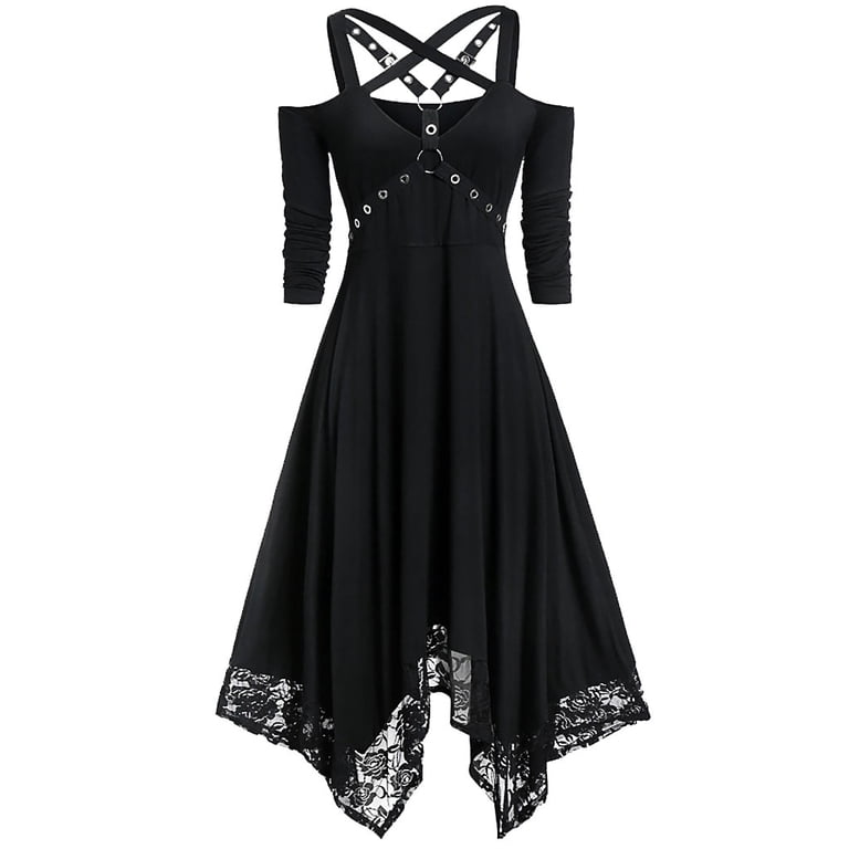 Uppada Halloween Gothic Dresses Womens Cute Cold Shoulder Goth Clothes Half Sleeve Ball Gown Lace Patchwork Swing Dress,Halloween Costumes Womens