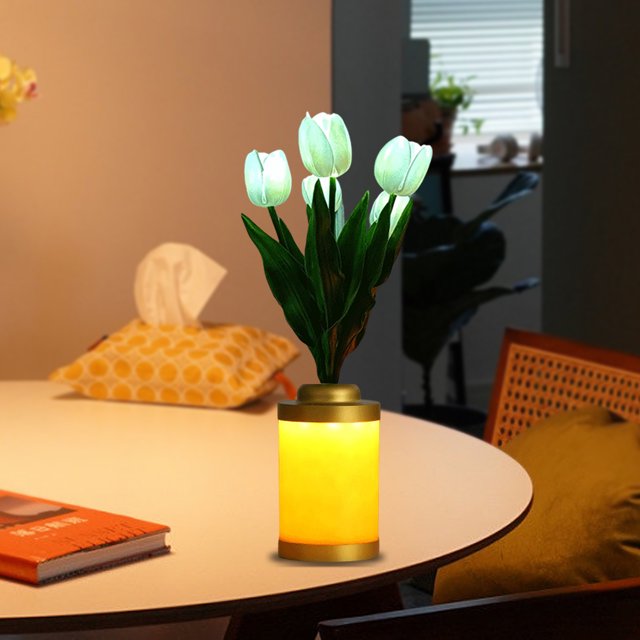 Florero de tulipán LED Luz nocturna Decoración para el hogar Enchufe USB o alimentado por batería (Blanco)