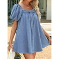thumbnail image 3 of Dress for Women, Puff Short Sleeve Jean Dress Square Neck Denim Romper with Pockets Light Blue M, 3 of 5