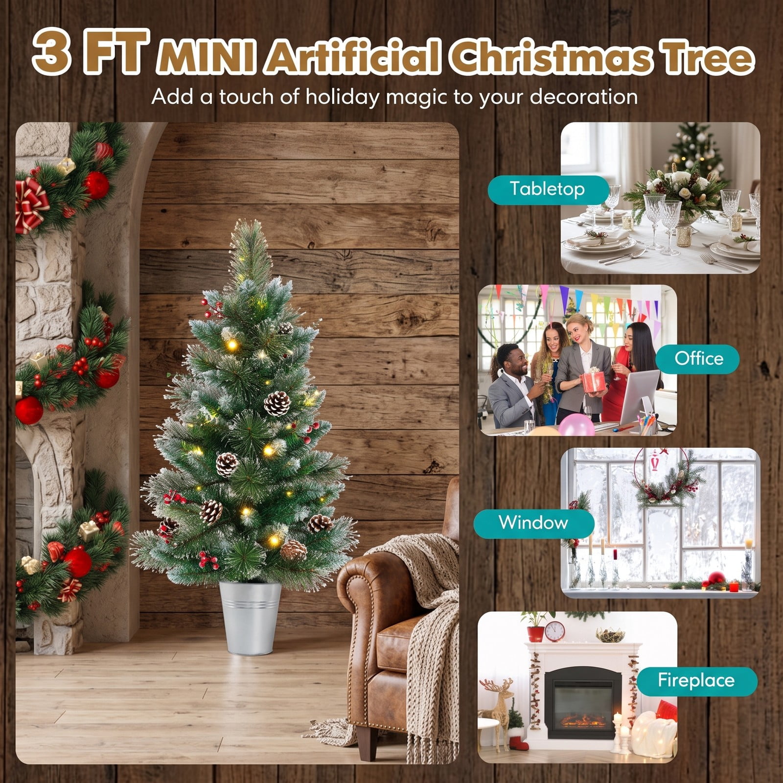 RUIE 3 FT Battery-Operated Tabletop Christmas Tree, Pre-Lit Artificial Mini Xmas Tree with 20 Warm White LED Lights, 81 Branch Tips, Red Berries & Pine, Green & White