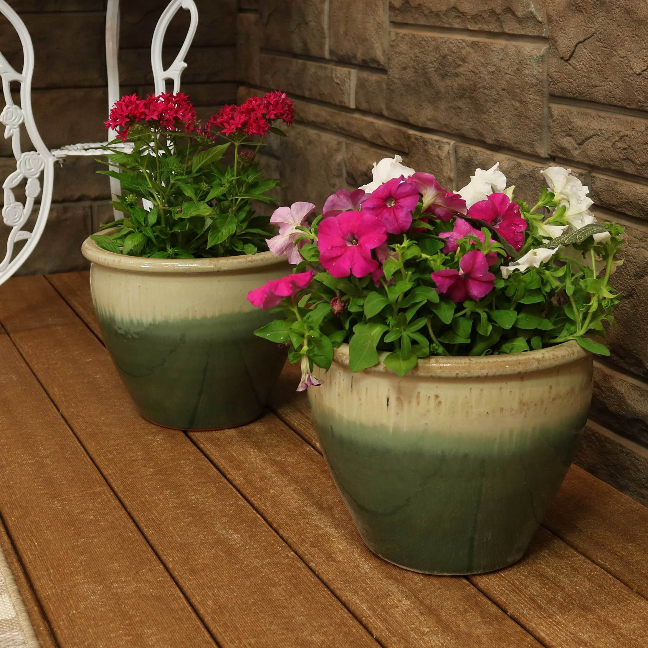 Sunnydaze Chalet 11.75" x 11.75" x 9.5" Round Seafoam Ceramic Outdoor Planter 2-Count