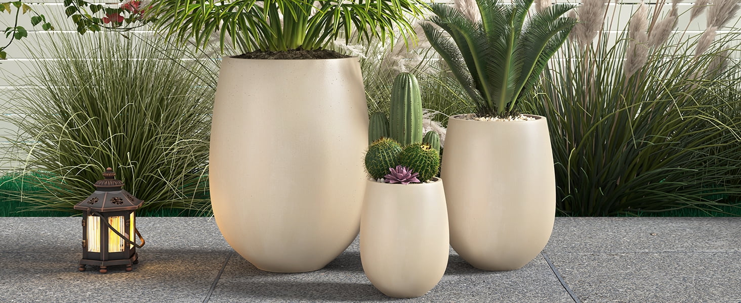 Mintazer Modern Planter Set of 3, 15.6"/10.74"/7.3" Round Stackable Flower Pots with Drainage Holes, Decorative Plant Pots for Indoor & Outdoor, Beige