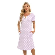 EFINNY Women's Nightgown Short Sleeve Soft Comfy Sleepwear with Pockets Henley Neck Button Down Nightdress Retro Polka Dot Nightshirt, S-XXL