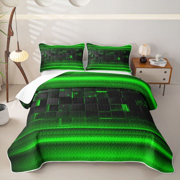 jejeloiu Grid Geometric Design Twin Quilt Set For Kids,Green Neon Striped Check Twin Coverlet Set For Boy,2pcs