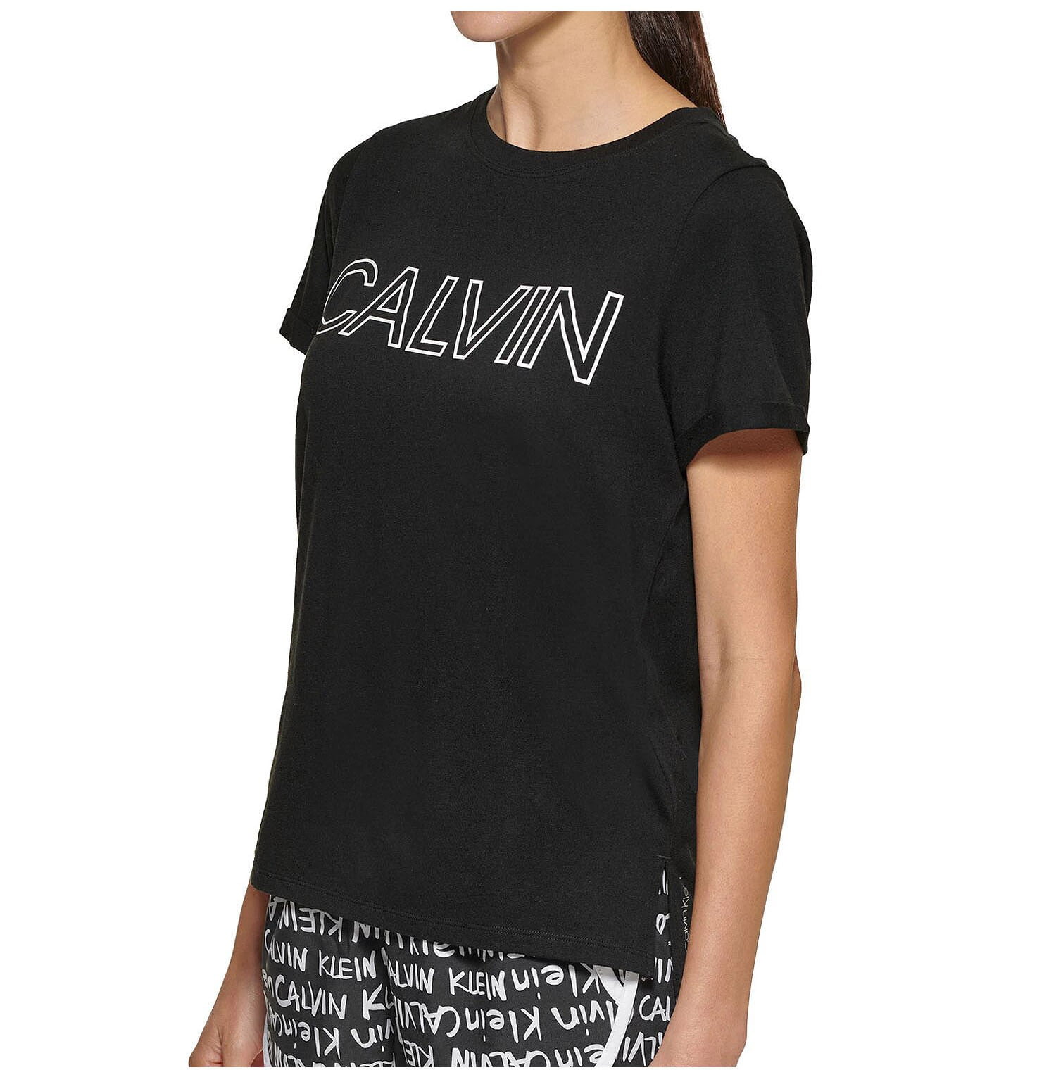 Calvin Klein Women\'s Soft Crew Neck Rolled Sleeve Graphic Logo T-shirt  (Black/White, S) | T-Shirts