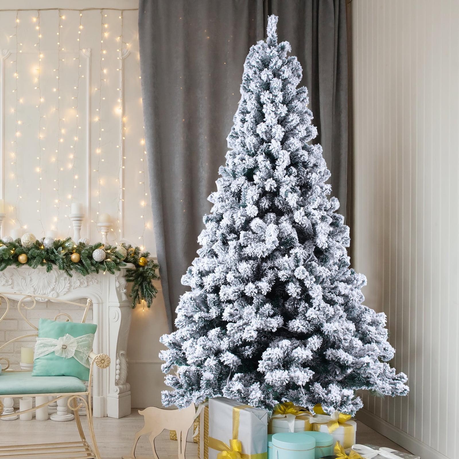 4ft 5ft 6ft 7ft White Christmas Tree With Lights Xmas Bushy Branches Metal Stand 
