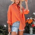 thumbnail image 2 of Camisa holgada, abotonada, con escote en V y cuello de color liso, talla S Blusa elegante de manga larga para mujer de color naranja, 2 of 8