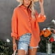 thumbnail image 2 of Camisa informal holgada de color naranja para mujer con cuello abotonado, talla L, blusa de manga larga con cuello en V, 2 of 8