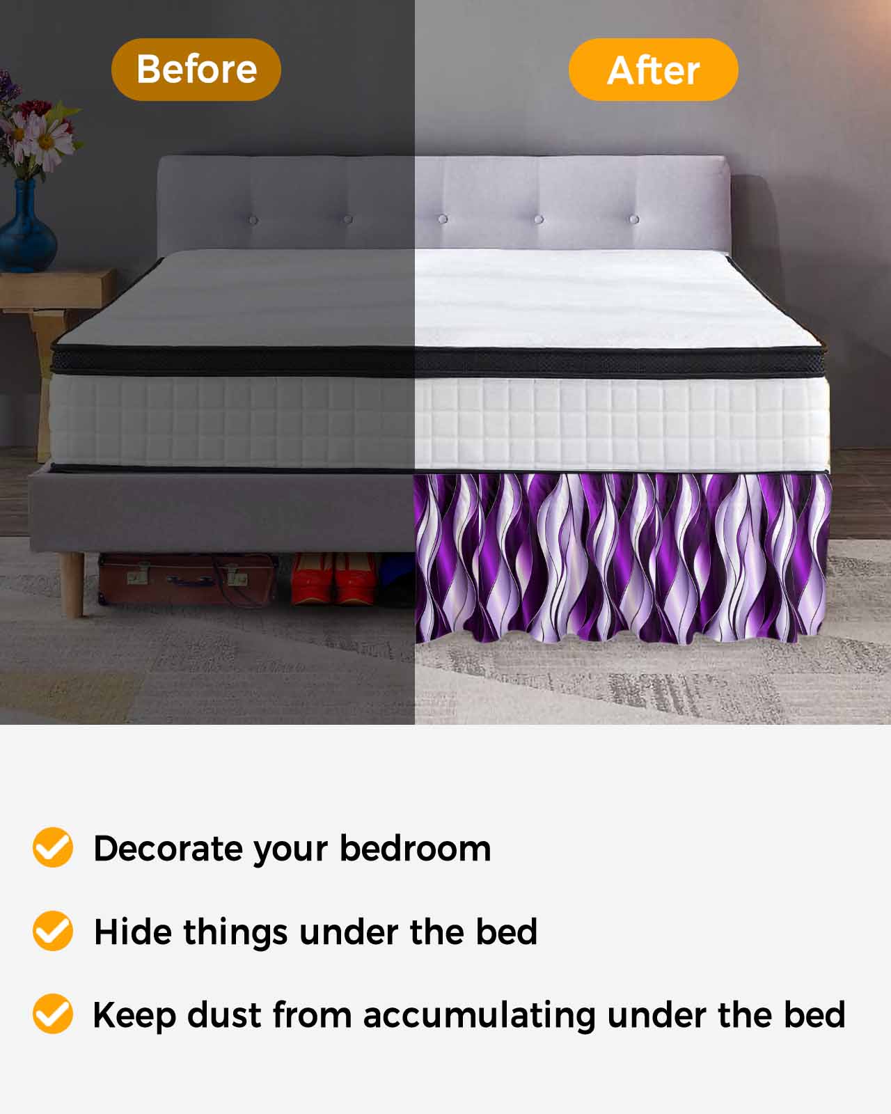 Purple Striped Ombre Wrap Around Bed Skirts for Queen Bed 18" Drop,Bed Skirt with Adjustable Elastic Belt Dust Ruffle Bed Valance for Bedroom Hotel Modern Purple Moire Geometric Bed Frame Cover