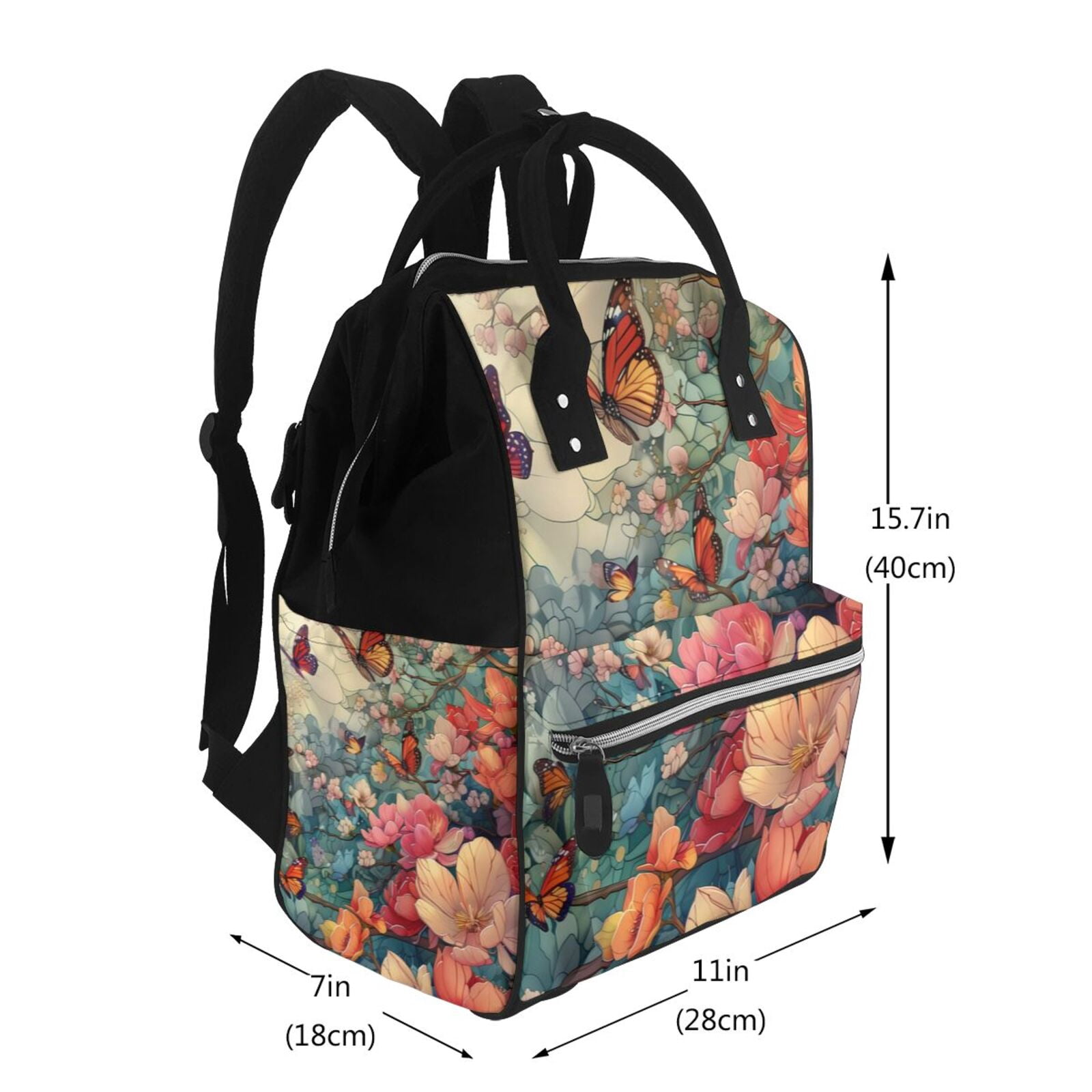 Ratiio Butterflies In Blooming Garden Mummy Backpack - Waterproof Twill Canvas, Large Capacity Diaper Bag with Multiple Pockets and Adjustable Straps