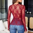 thumbnail image 3 of Stichou Womens Lace Mesh Tops Long Sleeve Floral Sheer See Through Tops Mock Neck Shirts Party Club Night Blouses Wine XL, 3 of 7
