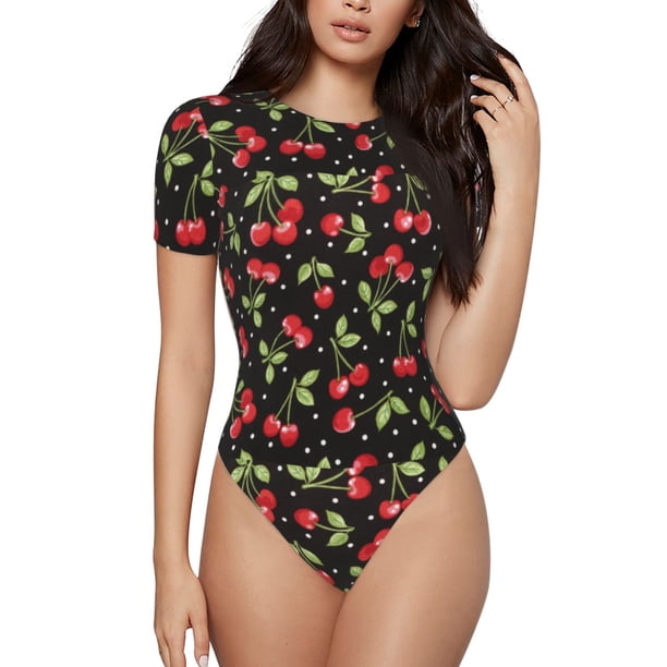 Balery Sweet Red Cherry Body de cuello redondo de manga corta para mujer Tops de manga corta Tops básicos-Small