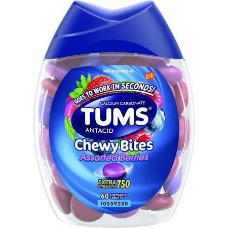TUMS Chewy Bites Assorted Berries Antacid, Hard Shell Chews for Heartburn Relief, 60