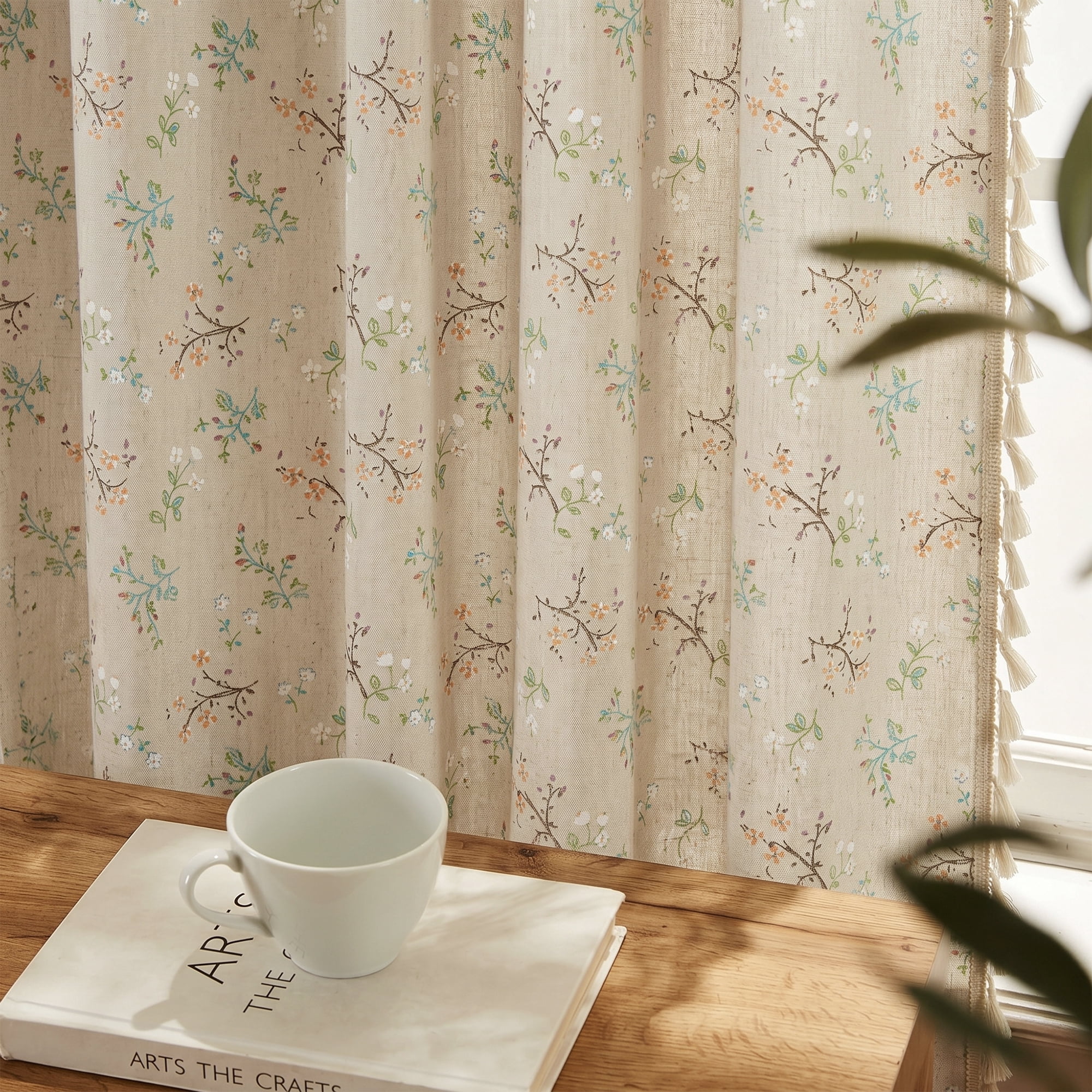 Seasonwood Floral Curtain,Semi-Blackout Linen Curtain for Living Room, 108 Inch Farmhouse Curtain,1 Panel,Beige,52" x 108"