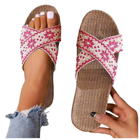 Abcomgle Summer House Slippers for Women Bohemian Print Linen Cross Non-Slip Beach Slippers Lightweight Open Toe Comfortable Flat Womens Bedroom Slippers
