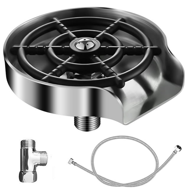 Automatic Faucet Glass Rinser Stainless Steel Metal Bottle Washer with Tee Connector and Water Pipe Coffee Cup Cleaner Tool Kitchen Sink Accessories for Home Bar Restaurants