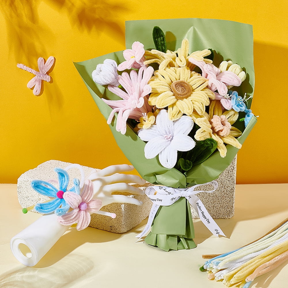 DIY Plush Sticks with Chenille Stems Polyester Ribbons Iron Stick Greeting Cards and Glue Stick Mixed Color 300~305x7.5mm
