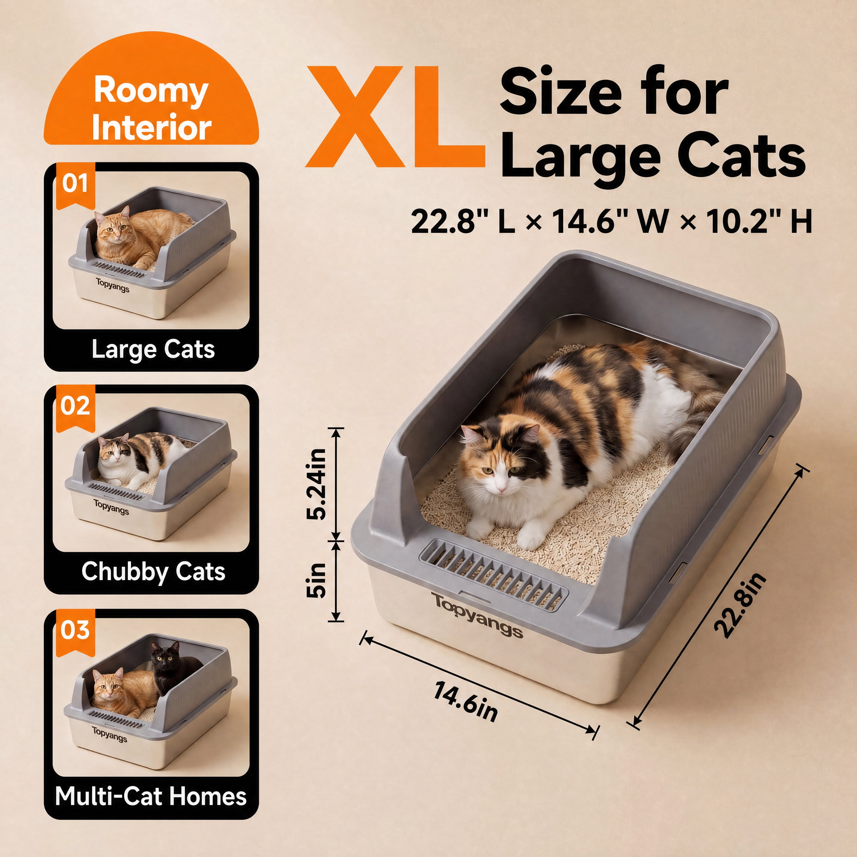 Topyangs 2 Pack Extra Large Stainless Steel Open Top Metal Cat Litter Box for Multi-Cat, Gray