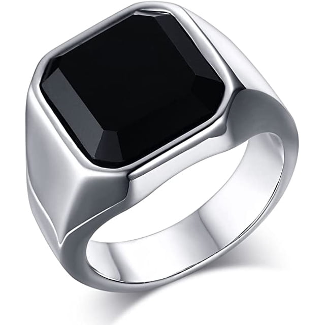 NETSENG Men's Black Onyx Rings Men's Stainless Steel Square Agate Signet Ring, Father Jewelry Gifts For Him, Men's Rings For Boys