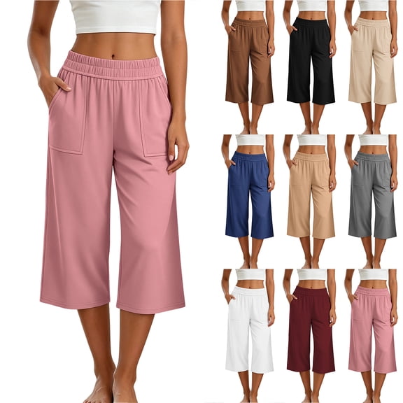 Bloomae Women's Capri Pants Lightweight Loose Fit Casual Palazzo Capris Elastic High Waisted Wide Straight Leg Comfy Lounge Cropped Trousers with Pockets