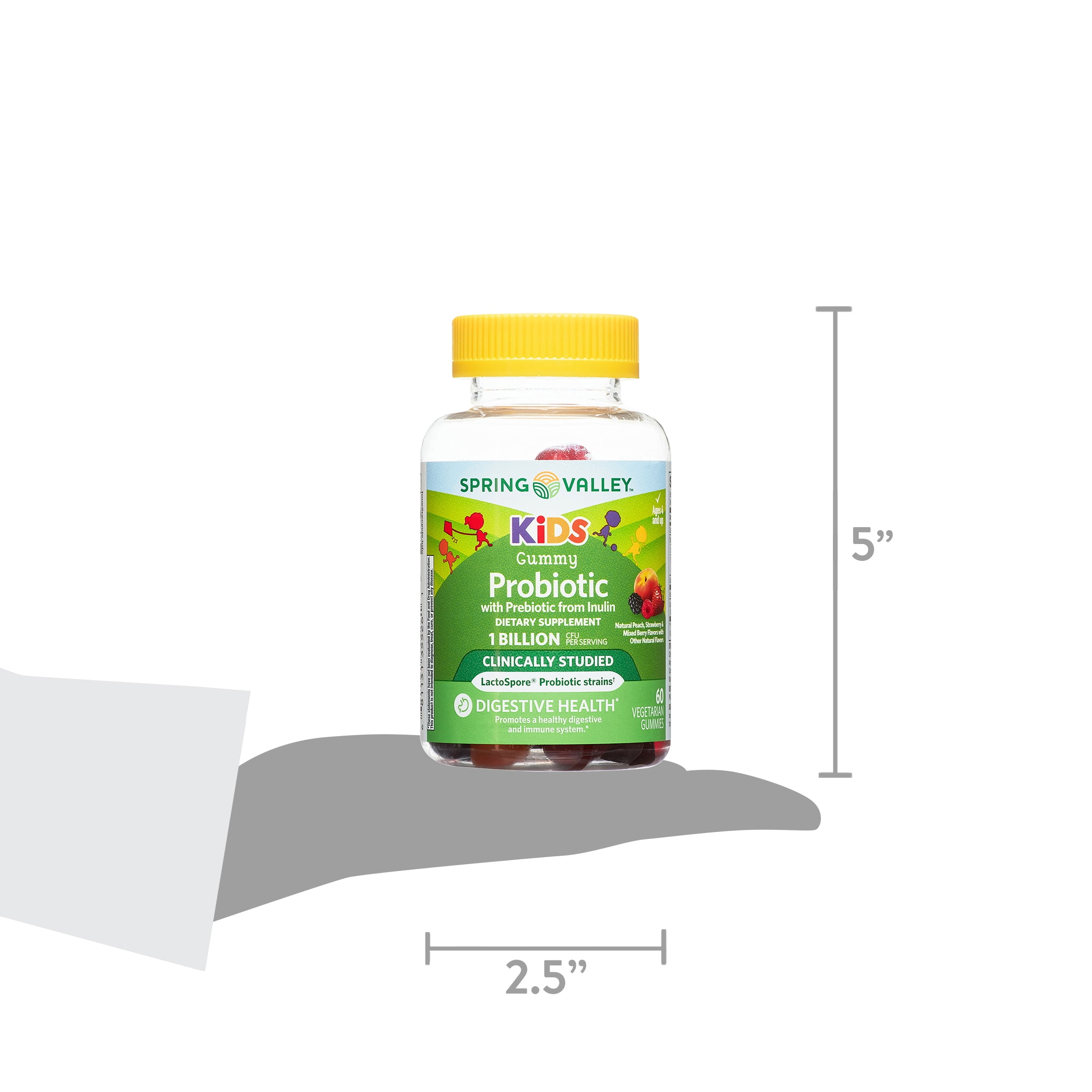 Spring Valley Kids Probiotic with Prebiotic from Inulin Vegetarian Gummies for Digestive Health, Assorted Flavors, 1 Billion CFU, 60 Count