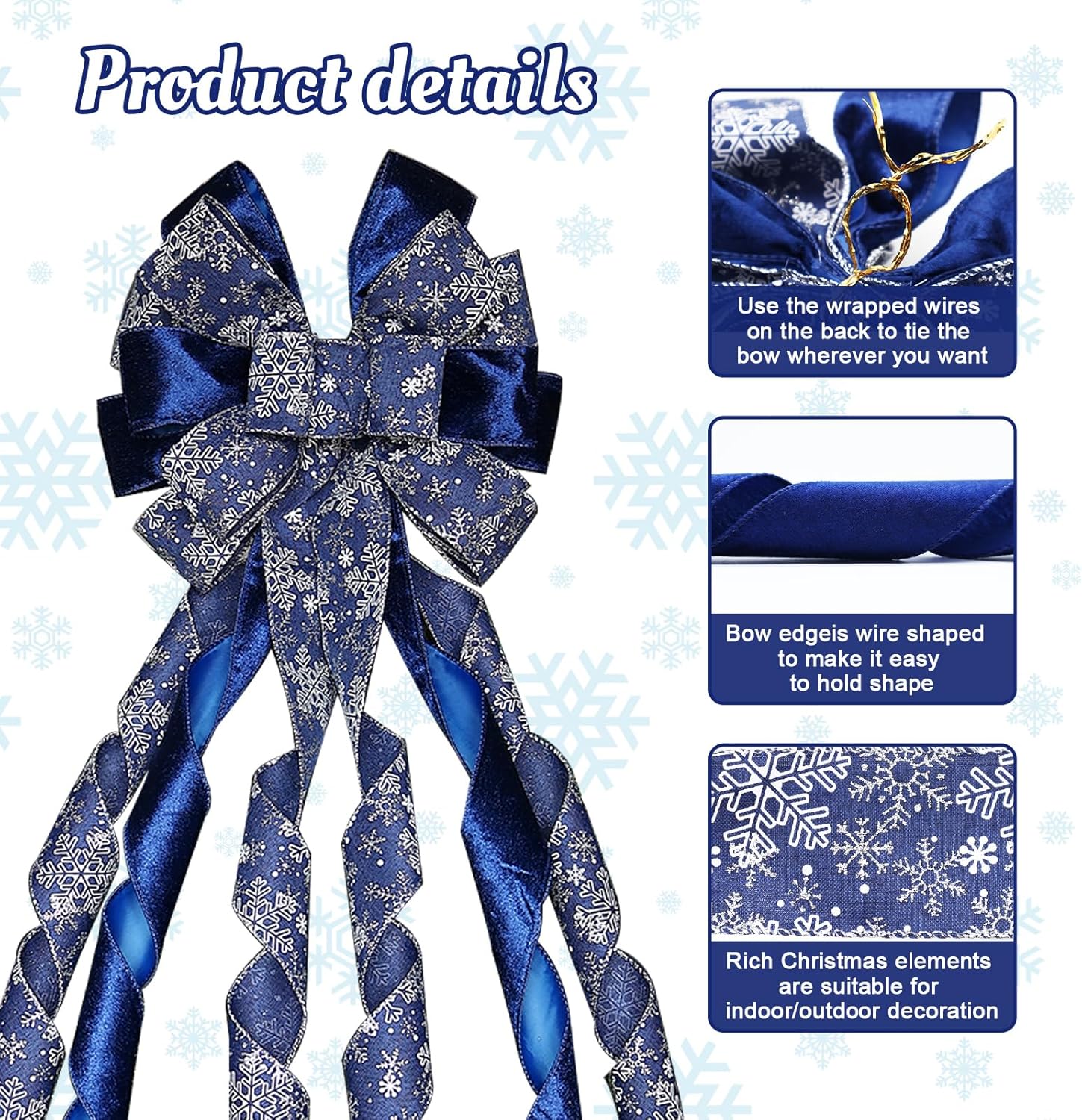 Large Christmas Tree Topper Bow 52x13 Inch, Pre-Tied Wired Ribbon Wreath Bows, Xmas Ornaments with Long Wired Edge Streamer for Holiday Thanksgiving Indoor Outdoor Party Decoration (Navy Blue)