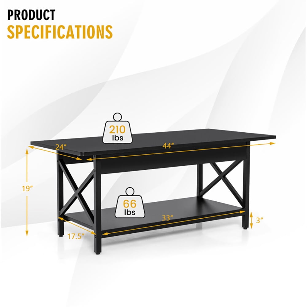 Finihen Rectangular Coffee Table, Industrial Coffee Table, 2-Tier Industrial Rectangular Coffee Table with Storage Shelf, for Living Room, Reception Room, Black Finihen Rectangular Coffee Table, Industrial Coffee Table, 2-Tier Industrial Rectangular Coffee Table with Storage Shelf, for Living Room, Reception Room, Black