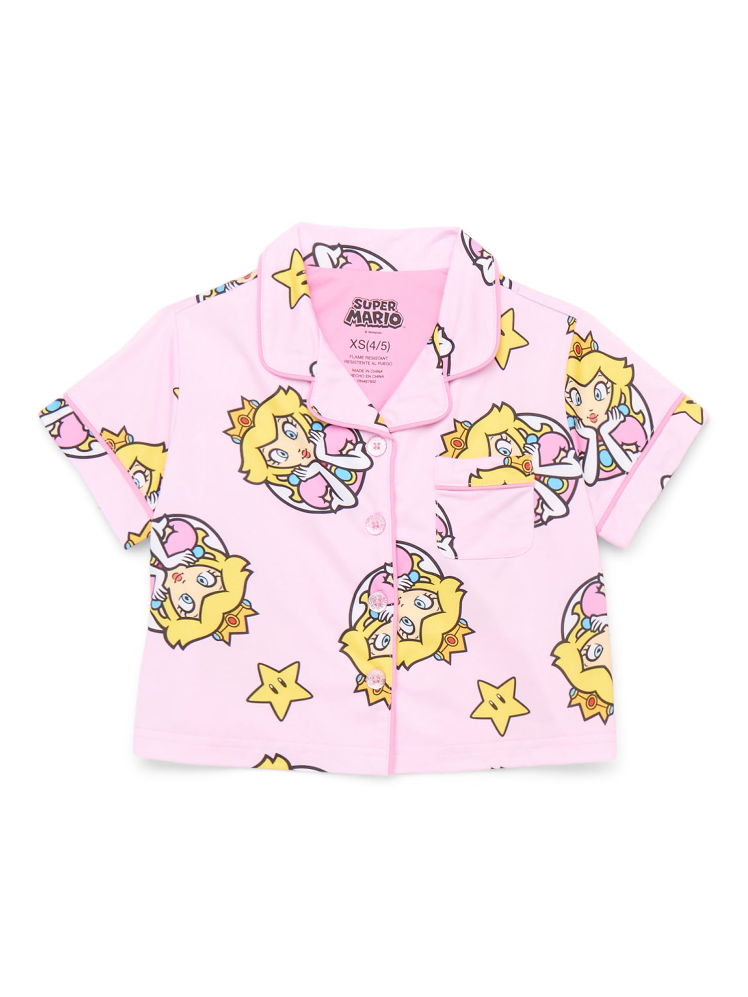 Super Mario Princess Peach Girls Button Front Top and Shorts Pajama Set, 2-Piece, Sizes 4-12