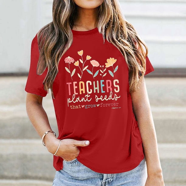 MKLEKYY Playeras Algodon Mujer Camiseta Informal Y Versátil Con Estampado De Letras Para Mujer, Ideal Para El Día Del Maestro Y La Temporada Escolar Talla M