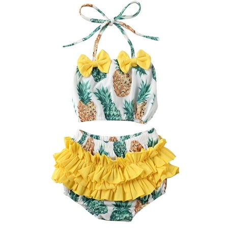 

Summer Toddler Baby Girl Casual Printed Swimwear Set Kids Bowknot Lace Up Top+Ruffles Shorts Swimsuit