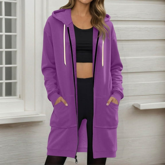 Lumtrix Women's Zip Up Hoodies Oversized Fleece Long Tunic Sweatshirts Casual Fall Jacket Coat with Pocket Dark Purple 2XL