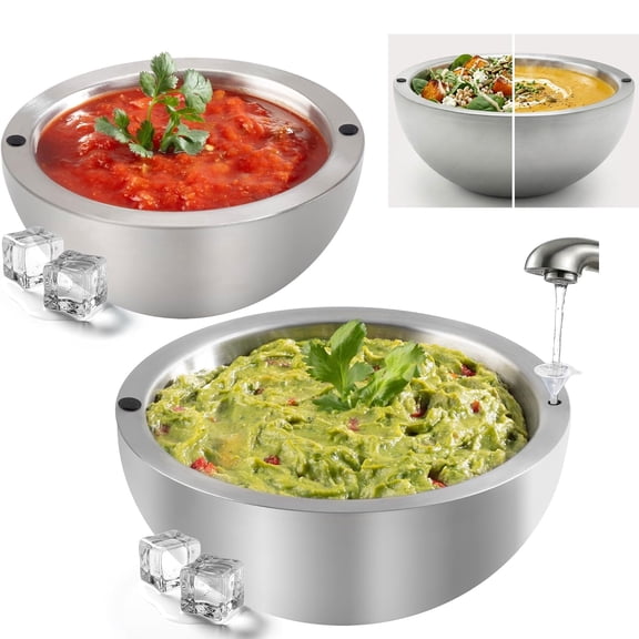 Hskeji 2pcs Insulated Dip Bowls Set, 304 Stainless Steel Double Wall Salad Serving Bowls with Ice Core for Cold Food, Salsa, Caviar, Guacamole