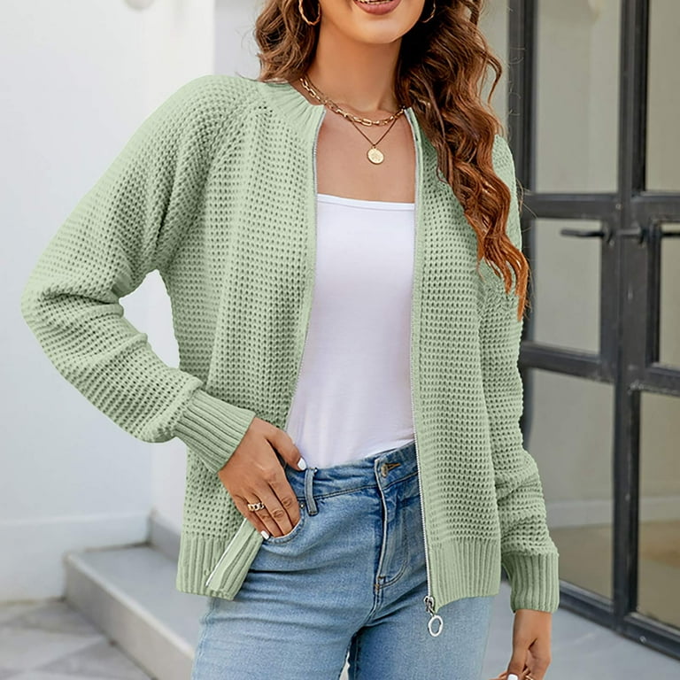 Women Zip Up Cardigans Solid Color Round Neck Long Sleeve Chenille Knit  Sweaters Casual Loungewear Crochet Tops (M, Green)