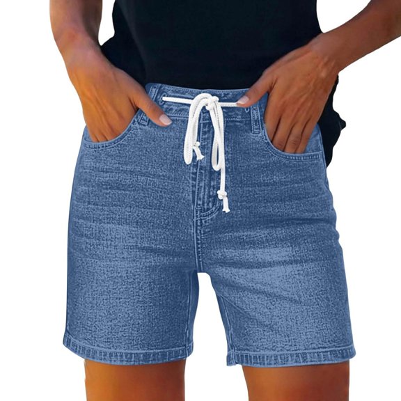 Drawstring Denim Shorts for Women Pull on Denim Shorts Ladies Walking Shorts Pullon Shorts for Women Elastic Denim Shorts for Women Women's Bermuda Shorts Womens Athletic Shorts