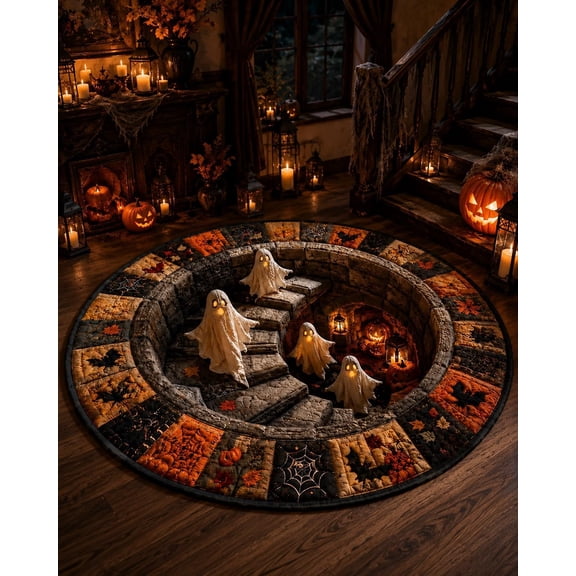 HIJUNE 3D Haunted Staircase Round Rug, Spooky Halloween Optical Illusion Area, Ghost Vortex Quilted Floor Mat Soft Crystal Velvet Nonslip Backing