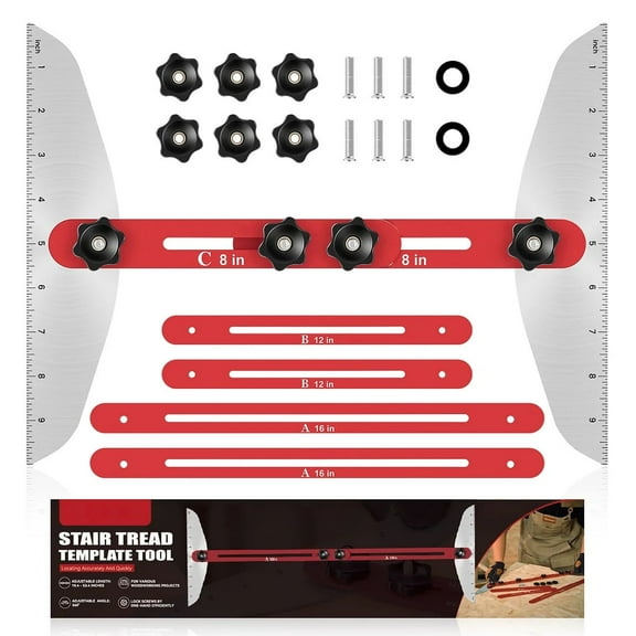 Furnhome Stair Tread Template Tool Aluminum Alloy Stair Gauge Tool – Adjustable 11-60" Template for Treads, Risers, Drywall & Flooring (Red)