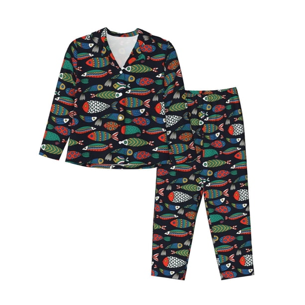 Fotbe Hand Drawn Colorful Fishes Conjunto de Pijama de Manga Larga para Mujer con Estampado, Ropa de Dormir de 2 Piezas, Conjunto de Casa Suave y Cómodo con Bolsillos-XX-Large