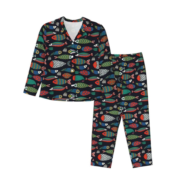 Balery Hand Drawn Colorful Fishes Conjunto de Pijama con Estampado para Mujer, Conjunto de Dos Piezas con Manga Larga, Ropa de Dormir Suave con Bolsillos, Pijamas Cómodos-Large